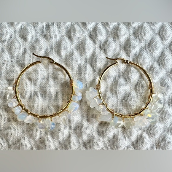 New Opalite Nugget Wire Wrapped Gold Tone Statement Hoop Earrings - 2” - Picture 5 of 6